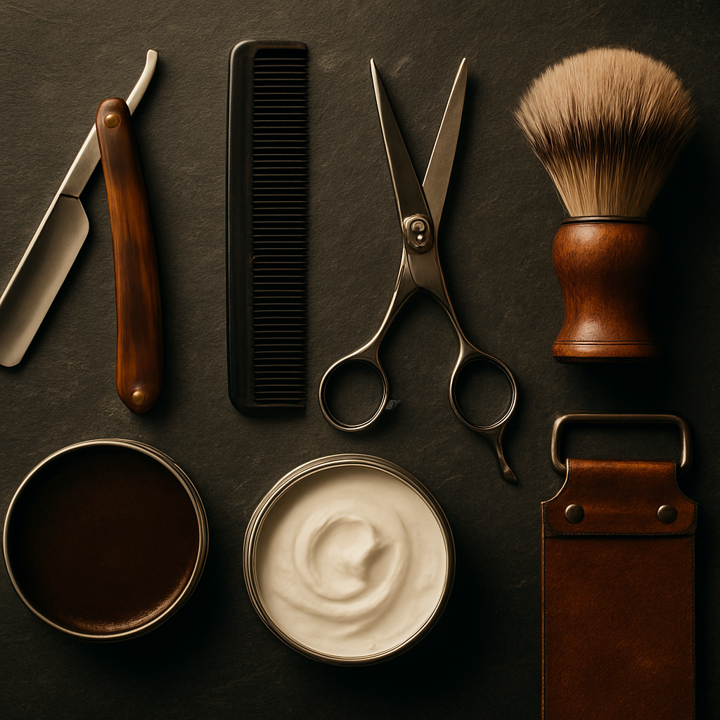 Premium barbering tools — scissors, comb, straight razor and grooming products on dark slate