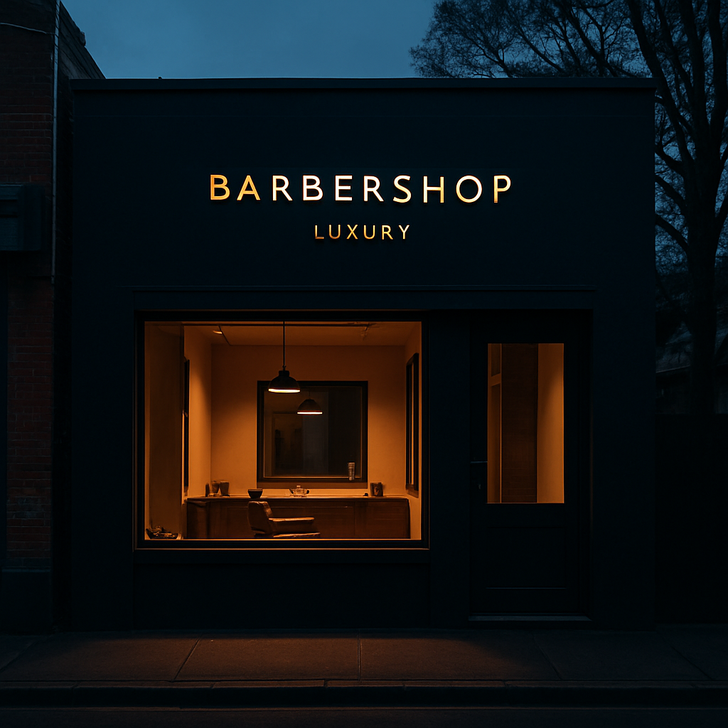 Lux Barber Hawthorn shop exterior at dusk with warm amber lighting
