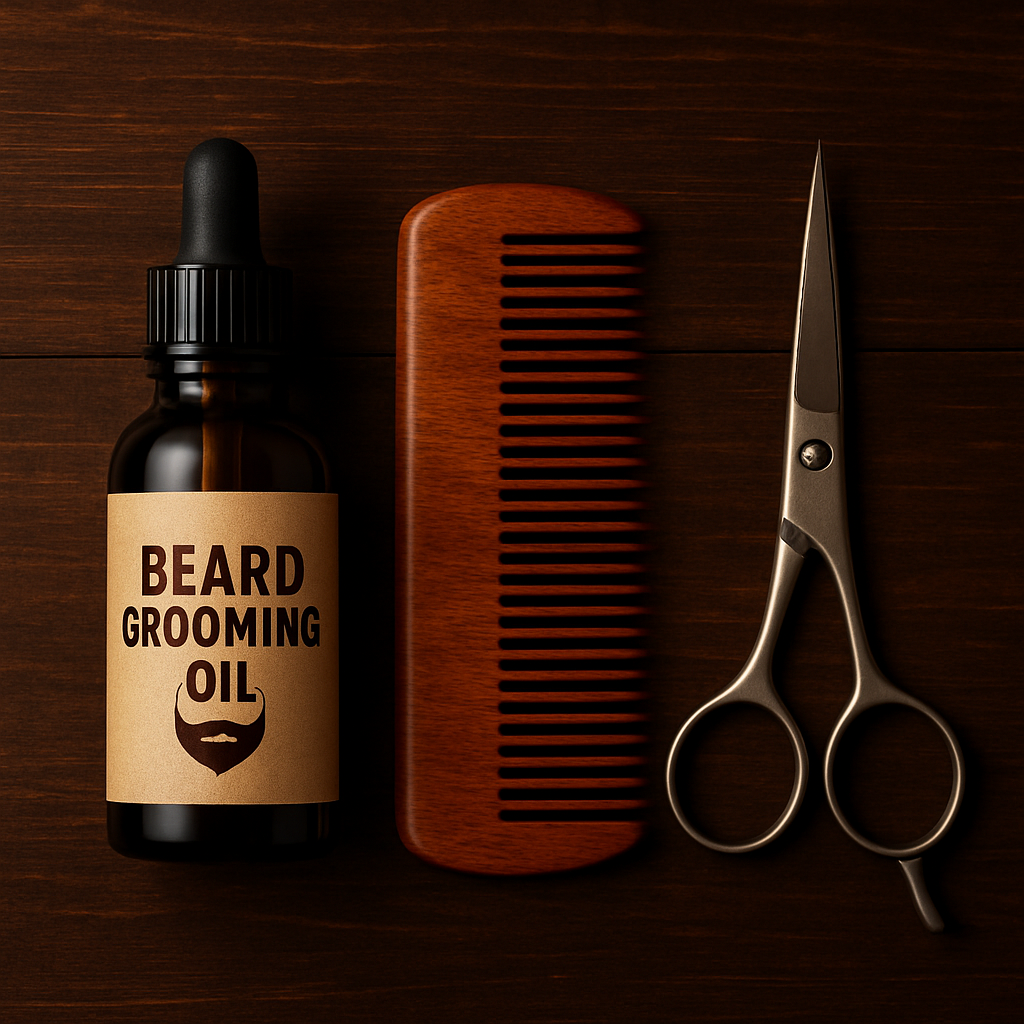 Beard grooming oil, comb and scissors arranged on dark wood surface
