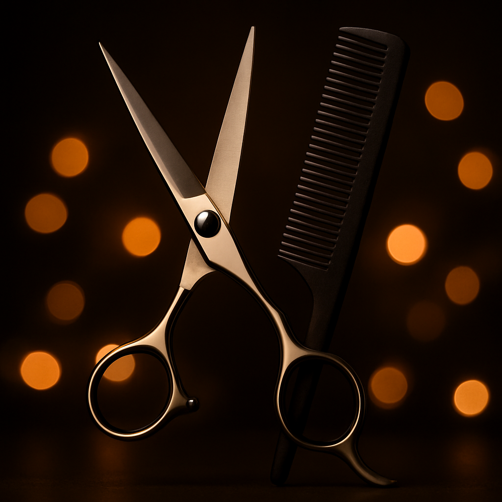 Premium barbering scissors and comb tools on dark background