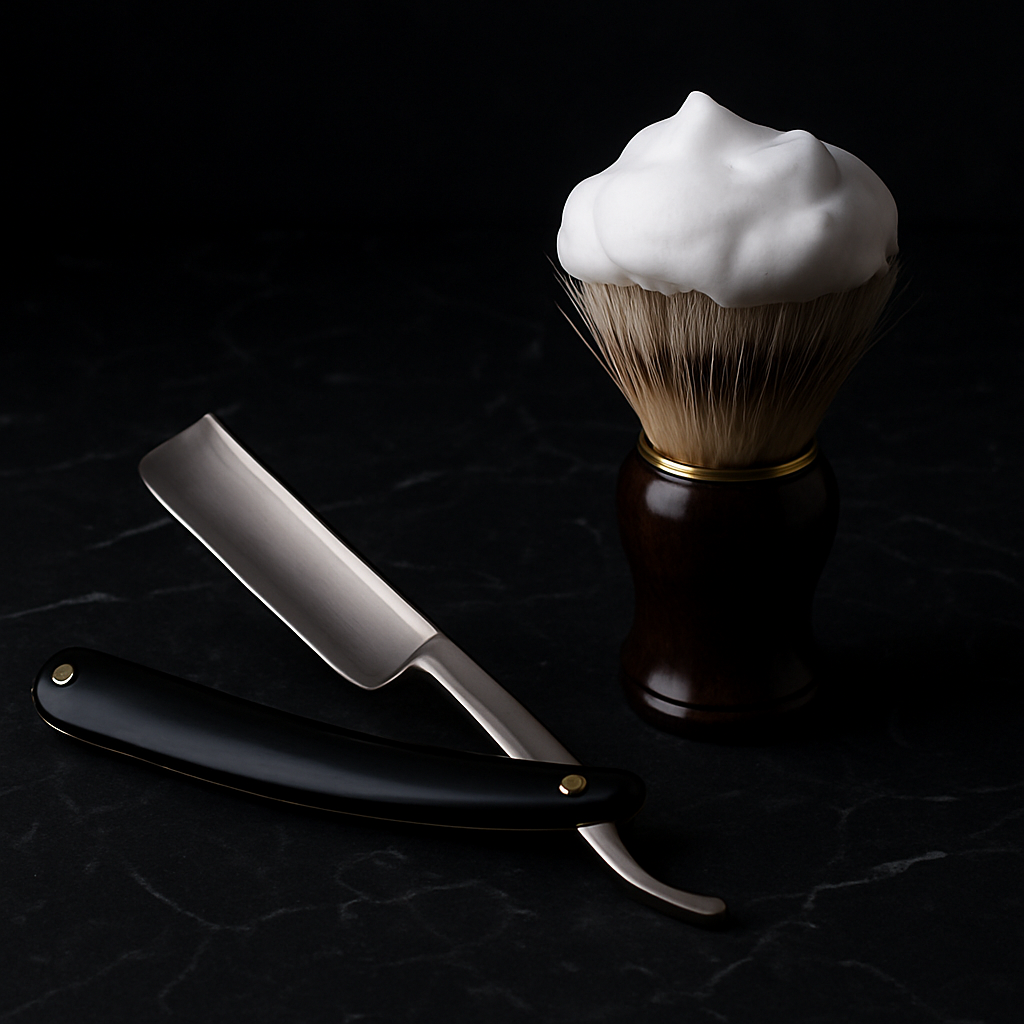 Luxury straight razor and shaving brush with white lather on dark marble